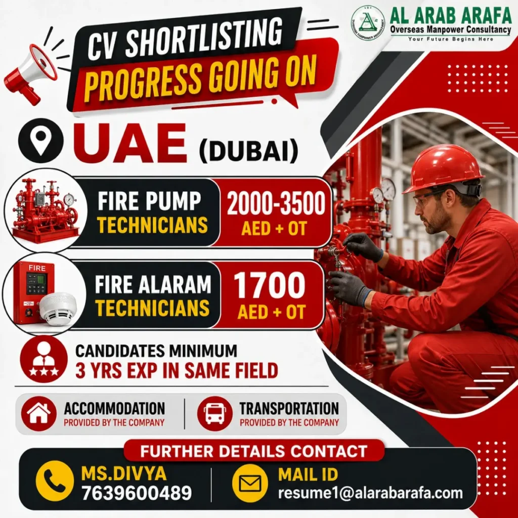 Fire Pump Technician & Fire Alarm Technician Jobs in UAE Dubai – Salary, Requirements and Application Details