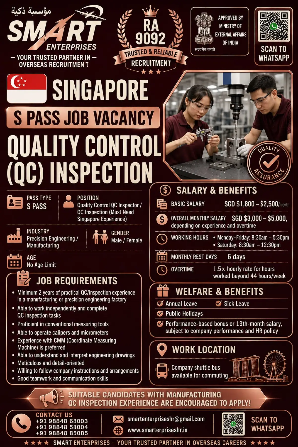 Singapore S Pass Job Vacancy 2026: Quality Control QC Inspector Jobs with SGD 3,000–5,000 Salary