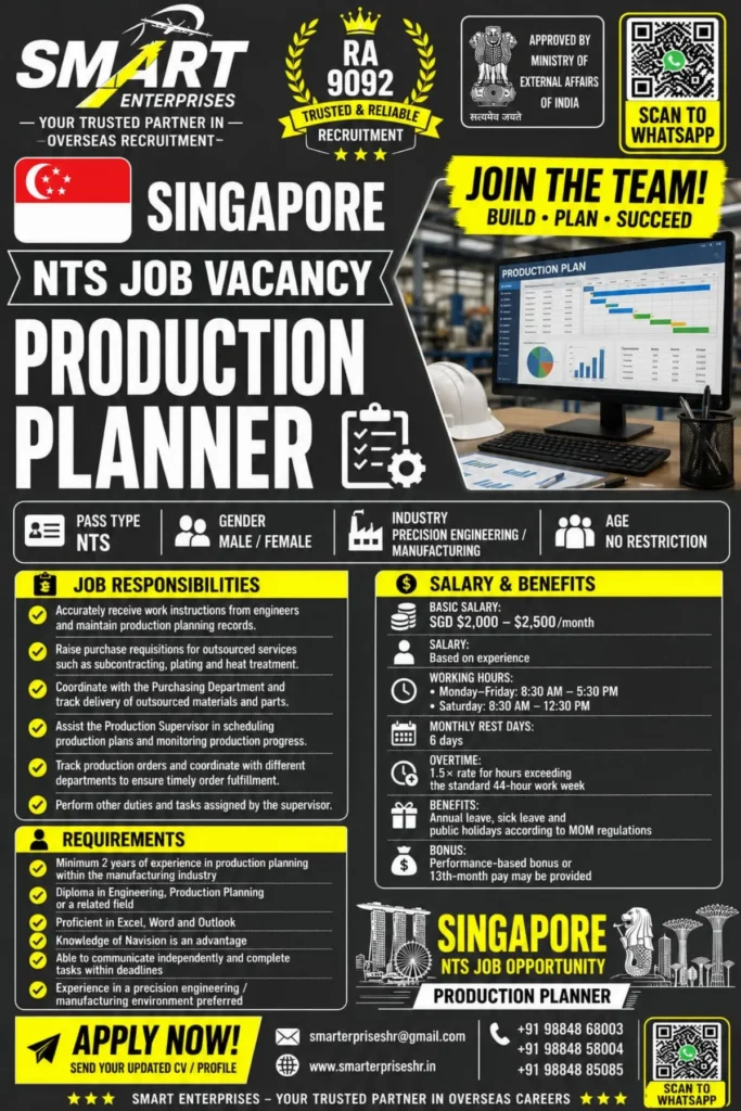 Singapore NTS Job Vacancy 2026: Production Planner Jobs for Male & Female Candidates
