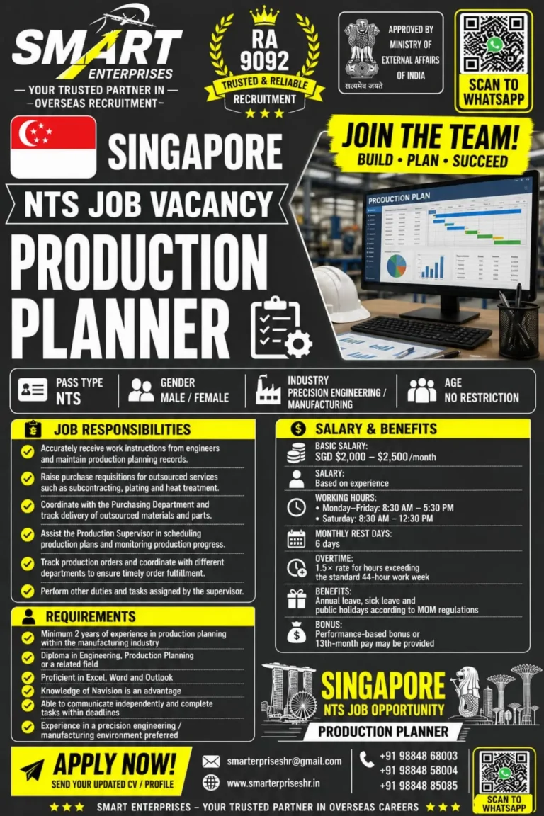 Singapore NTS Job Vacancy 2026: Production Planner Jobs for Male & Female Candidates