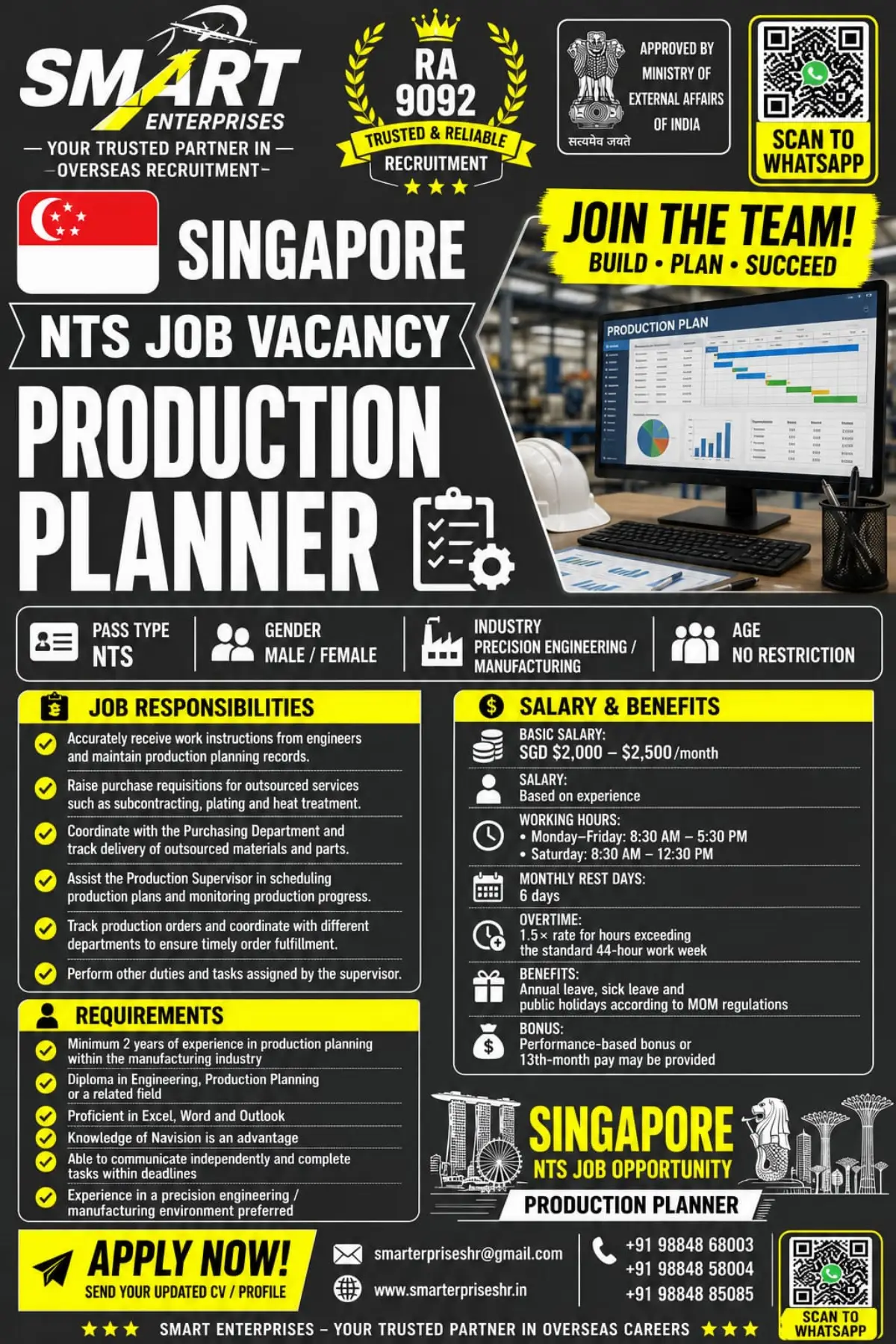Singapore NTS Job Vacancy 2026: Production Planner Jobs for Male & Female Candidates