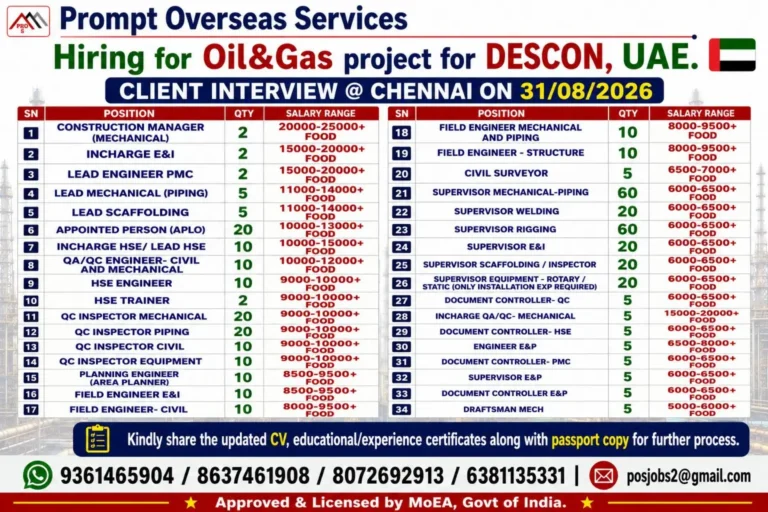 UAE Oil & Gas Jobs 2026: 34 Vacancies for DESCON Project with Client Interview in Chennai