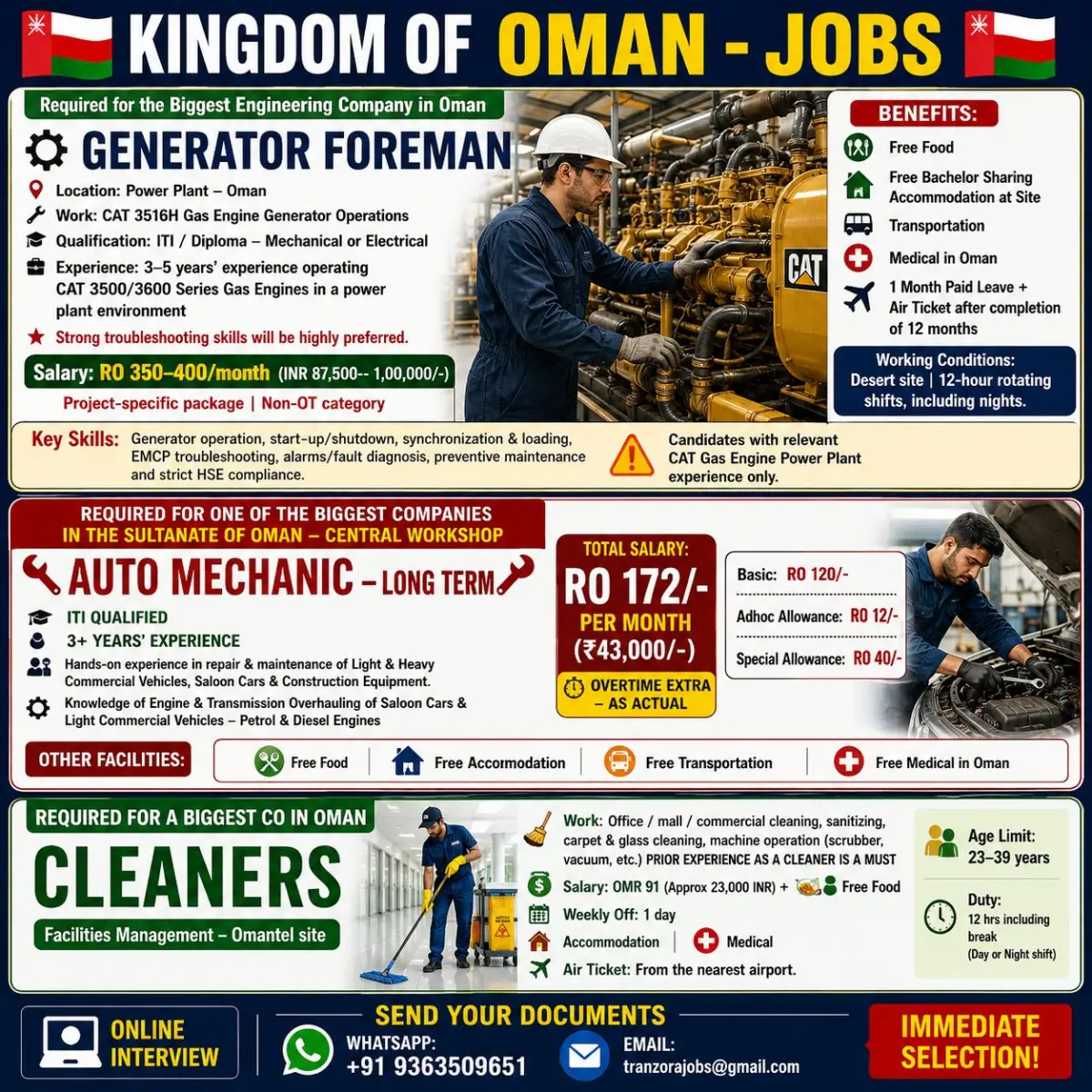 Oman Jobs 2026: Generator Foreman, Auto Mechanic and Cleaner Vacancies with Free Food, Accommodation and Transportation