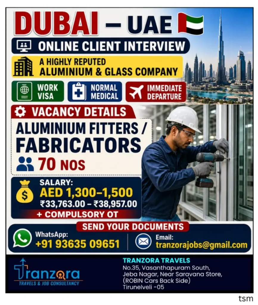 Dubai UAE Aluminium Fitters / Fabricators Jobs 2026 – 70 Vacancies with AED 1,300–1,500 Salary