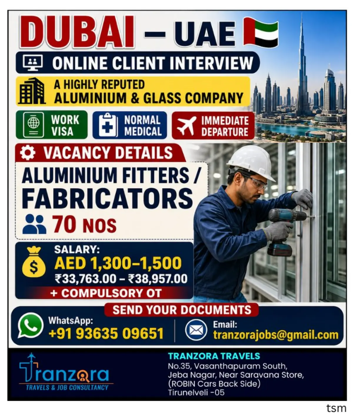 Dubai UAE Aluminium Fitters / Fabricators Jobs 2026 – 70 Vacancies with AED 1,300–1,500 Salary