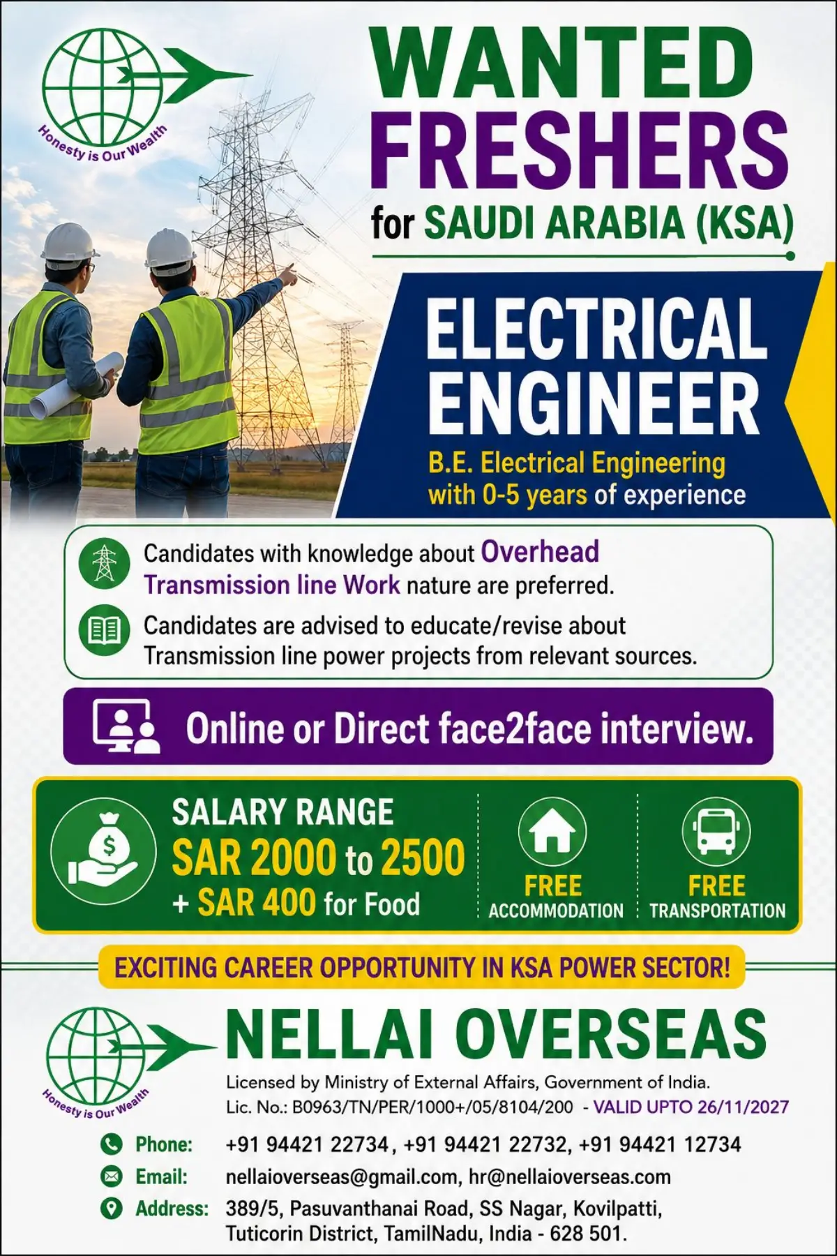 Saudi Arabia Jobs for Freshers 2026: Electrical Engineer Vacancy with 0–5 Years Experience