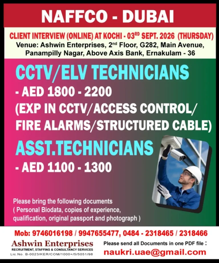 NAFFCO Dubai Jobs 2026: CCTV/ELV Technicians & Assistant Technicians Vacancy in UAE