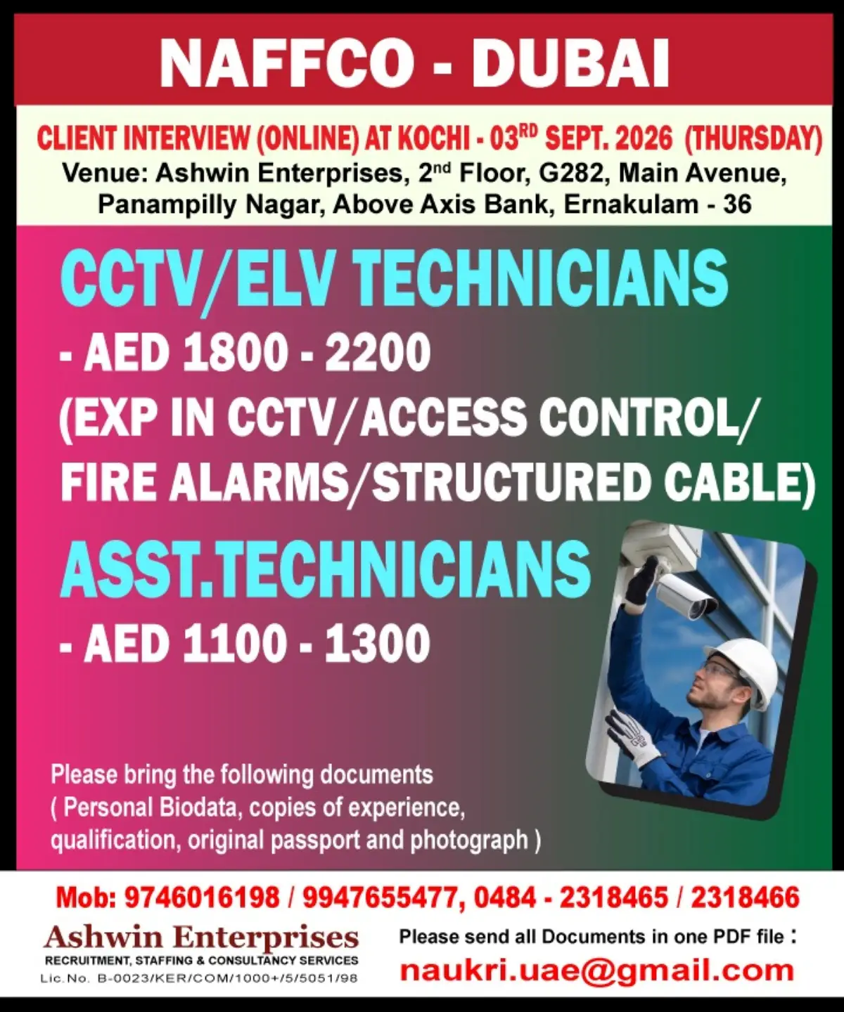 NAFFCO Dubai Jobs 2026: CCTV/ELV Technicians & Assistant Technicians Vacancy in UAE