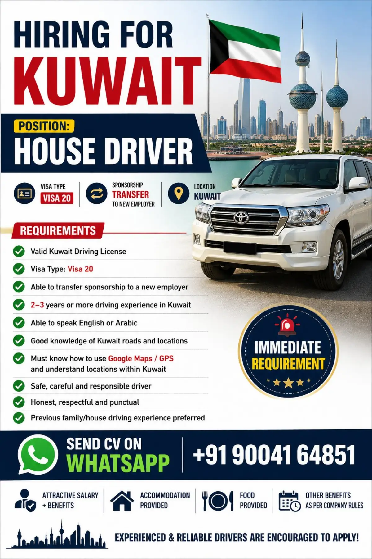 Kuwait House Driver Jobs 2026 – Immediate Vacancy for Experienced Drivers