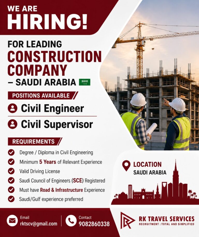 Saudi Arabia Civil Engineer & Civil Supervisor Jobs 2026 – Road & Infrastructure Experience Required