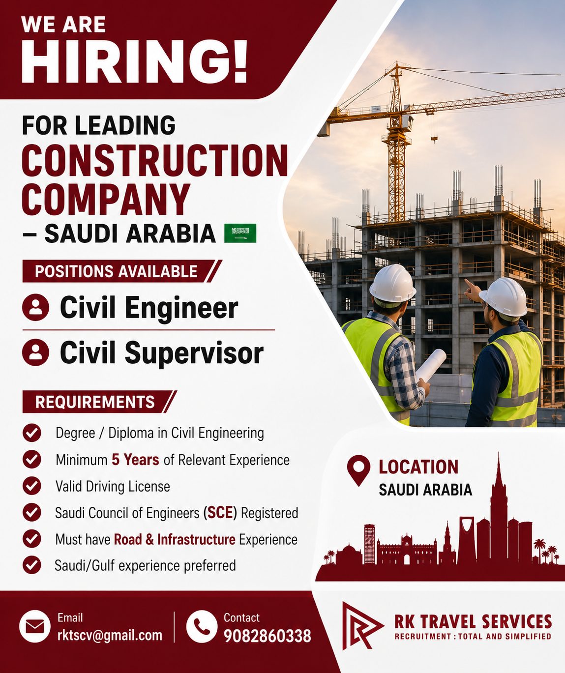 Saudi Arabia Civil Engineer & Civil Supervisor Jobs 2026 – Road & Infrastructure Experience Required