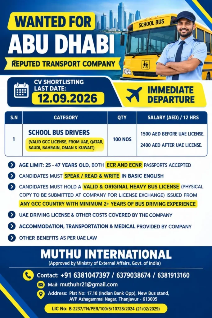 Abu Dhabi School Bus Driver Jobs 2026 – 100 Vacancies | Salary Up to AED 2,400