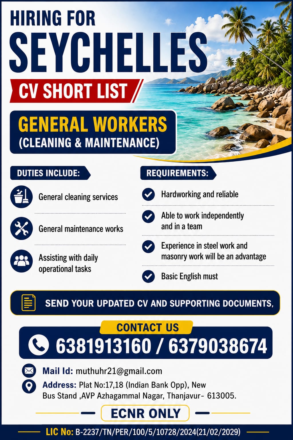 Seychelles Jobs 2026: General Workers Recruitment for Cleaning & Maintenance