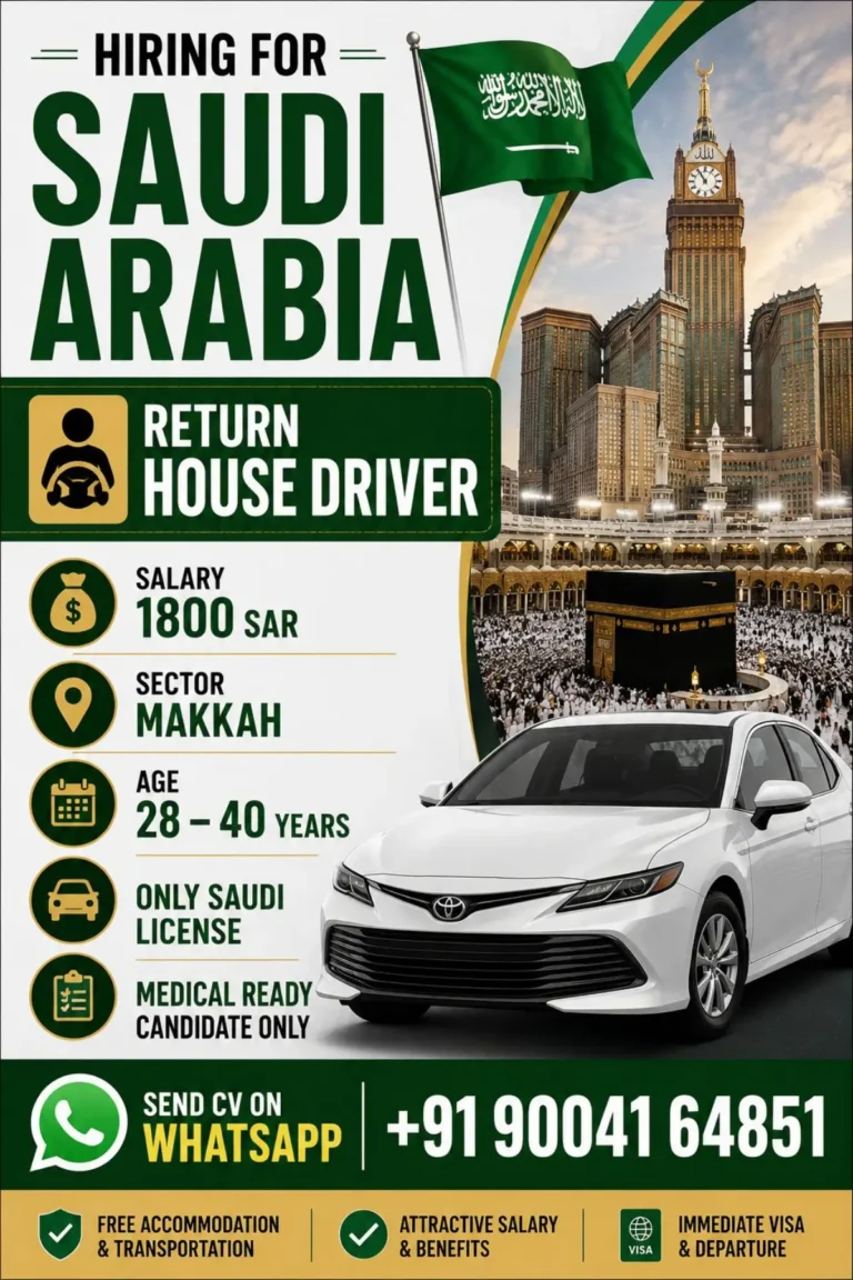 Saudi Arabia Jobs 2026: Return House Driver Vacancy in Makkah – Salary SAR 1,800 + Free Accommodation & Transport
