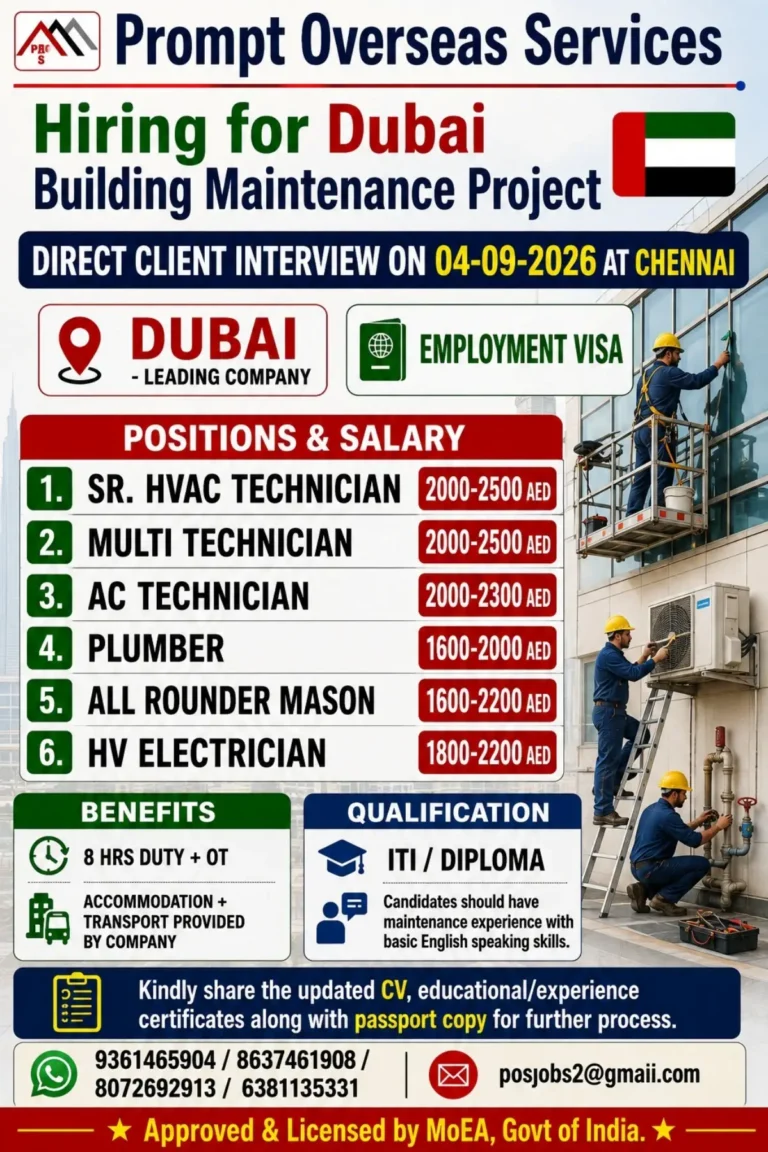 Dubai Building Maintenance Jobs 2026 – Direct Client Interview in Chennai on 4 September 2026