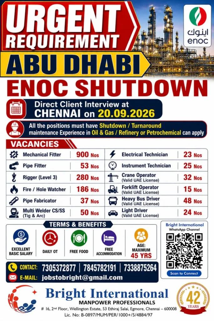 ENOC Shutdown Jobs 2026 in Abu Dhabi – 1,600+ Vacancies for Skilled Oil & Gas Workers | Direct Interview in Chennai 1 ENOC Shutdown Jobs 2026 in Abu Dhabi – 1,600+ Vacancies for Skilled Oil & Gas Workers | Direct Interview in Chennai