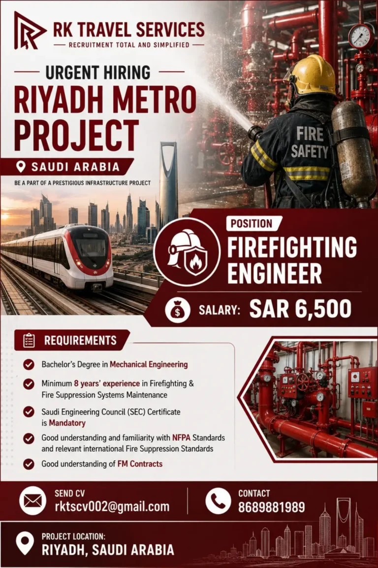 Riyadh Metro Project Jobs in Saudi Arabia – Firefighting Engineer Vacancy