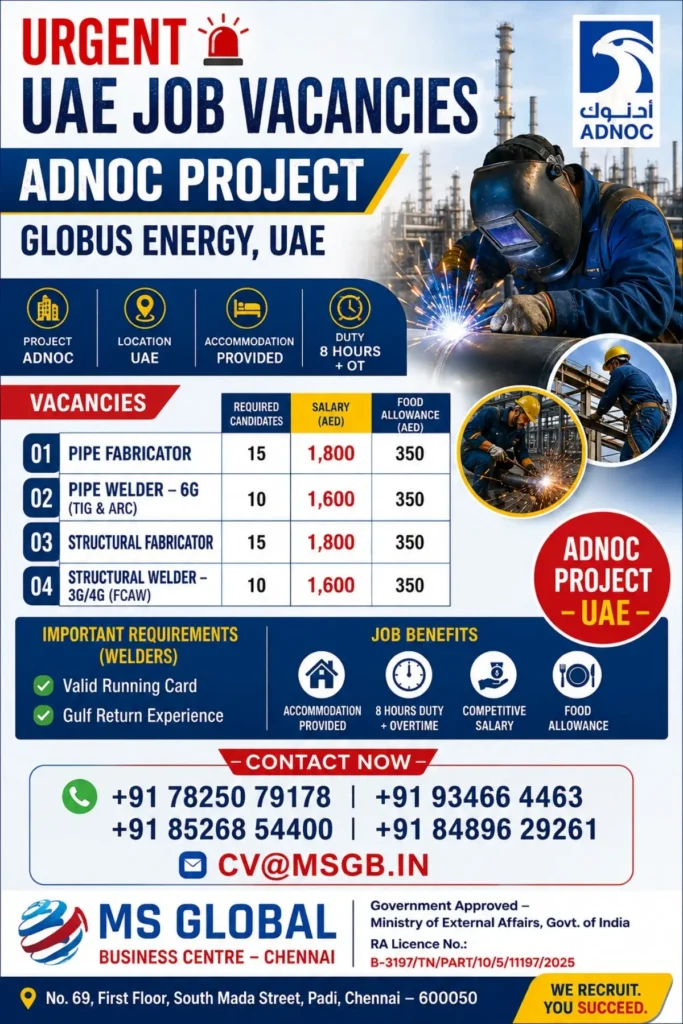 Urgent UAE Job Vacancies for ADNOC Project – Globus Energy UAE Recruitment 1 Urgent UAE Job Vacancies for ADNOC Project – Globus Energy UAE Recruitment