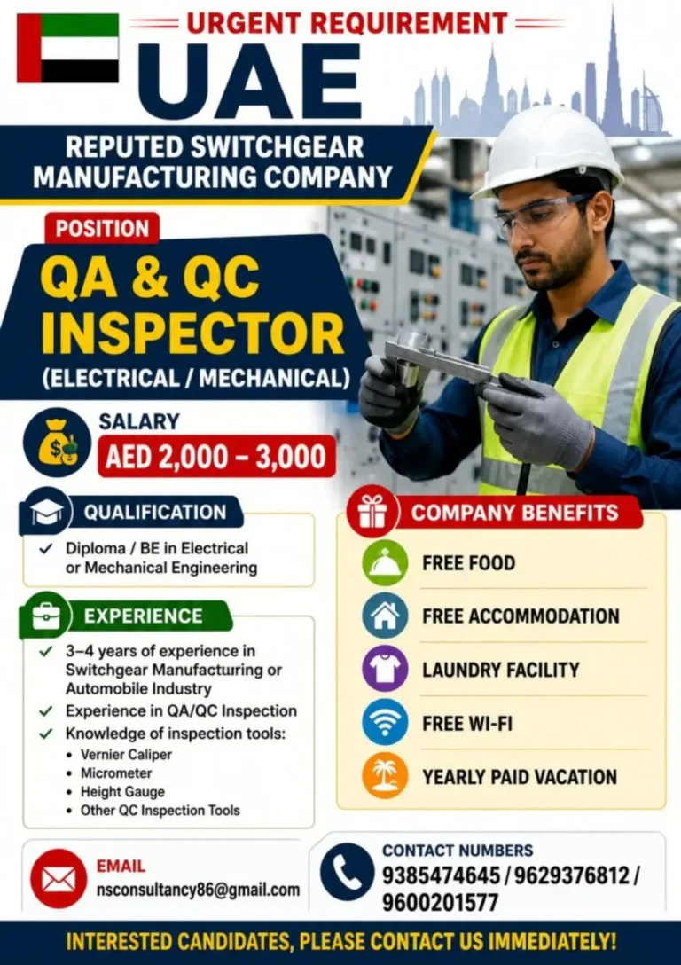UAE QA & QC Inspector Jobs 2026 – Urgent Recruitment for Electrical & Mechanical Engineers