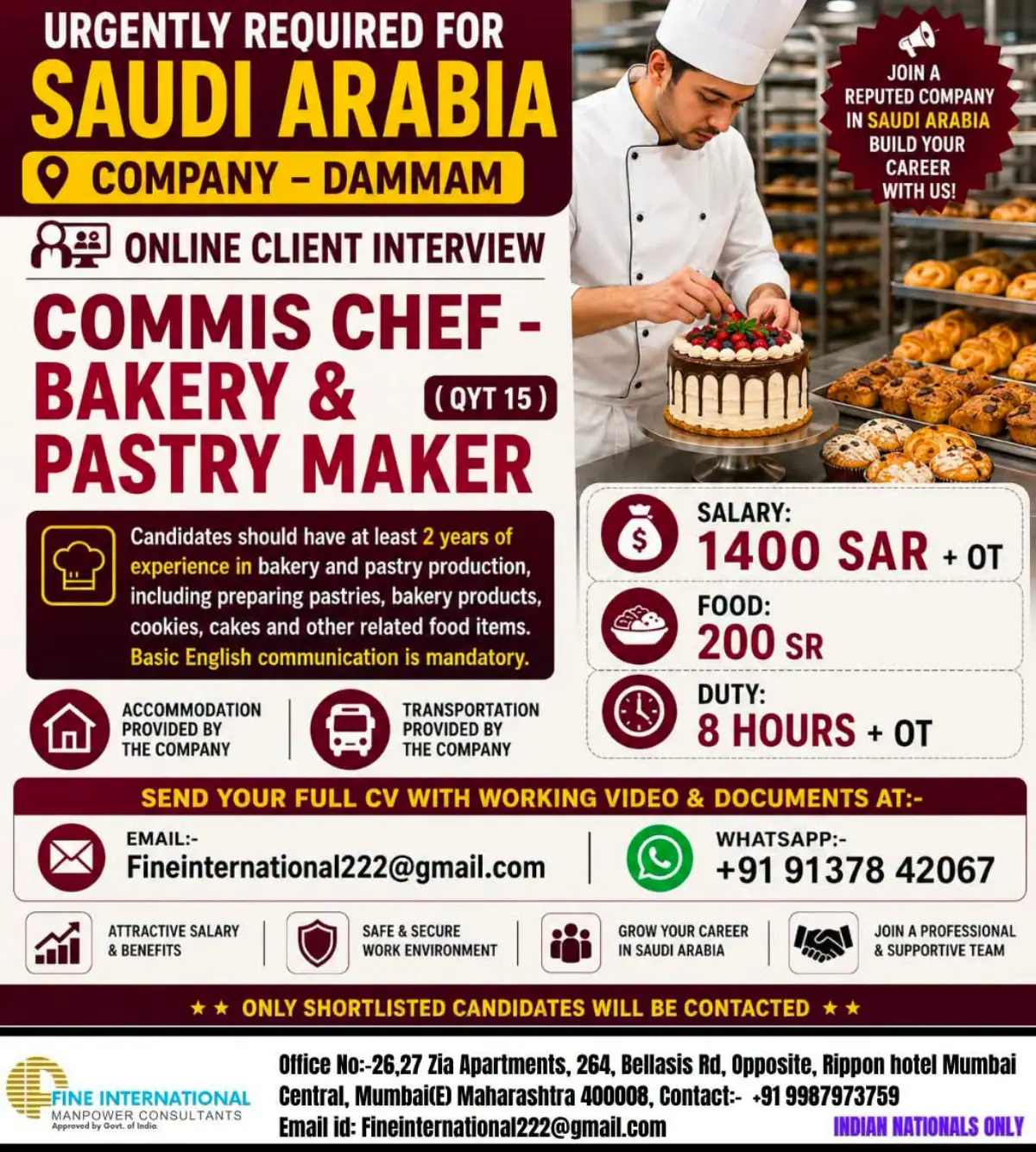 Saudi Arabia Bakery & Pastry Jobs in Dammam 2026 – Commis Chef & Pastry Maker Vacancies