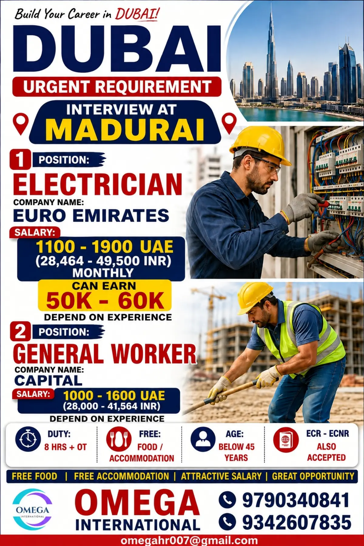 Dubai Jobs 2026: Urgent Electrician and General Worker Vacancies – Interview at Madurai
