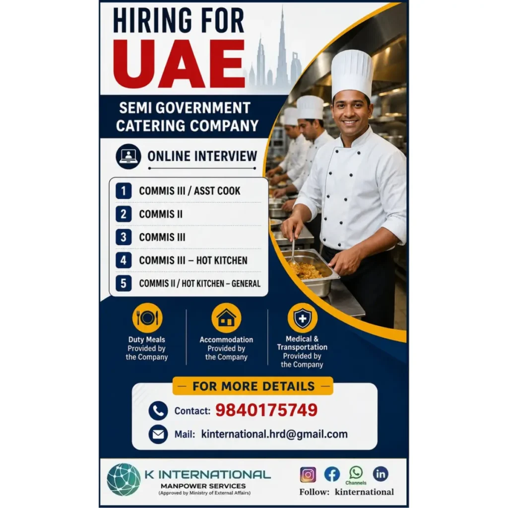 UAE Catering Jobs 2026 – Hiring for Commis III, Commis II & Assistant Cook | Online Interview 1 UAE Catering Jobs 2026 – Hiring for Commis III, Commis II & Assistant Cook | Online Interview