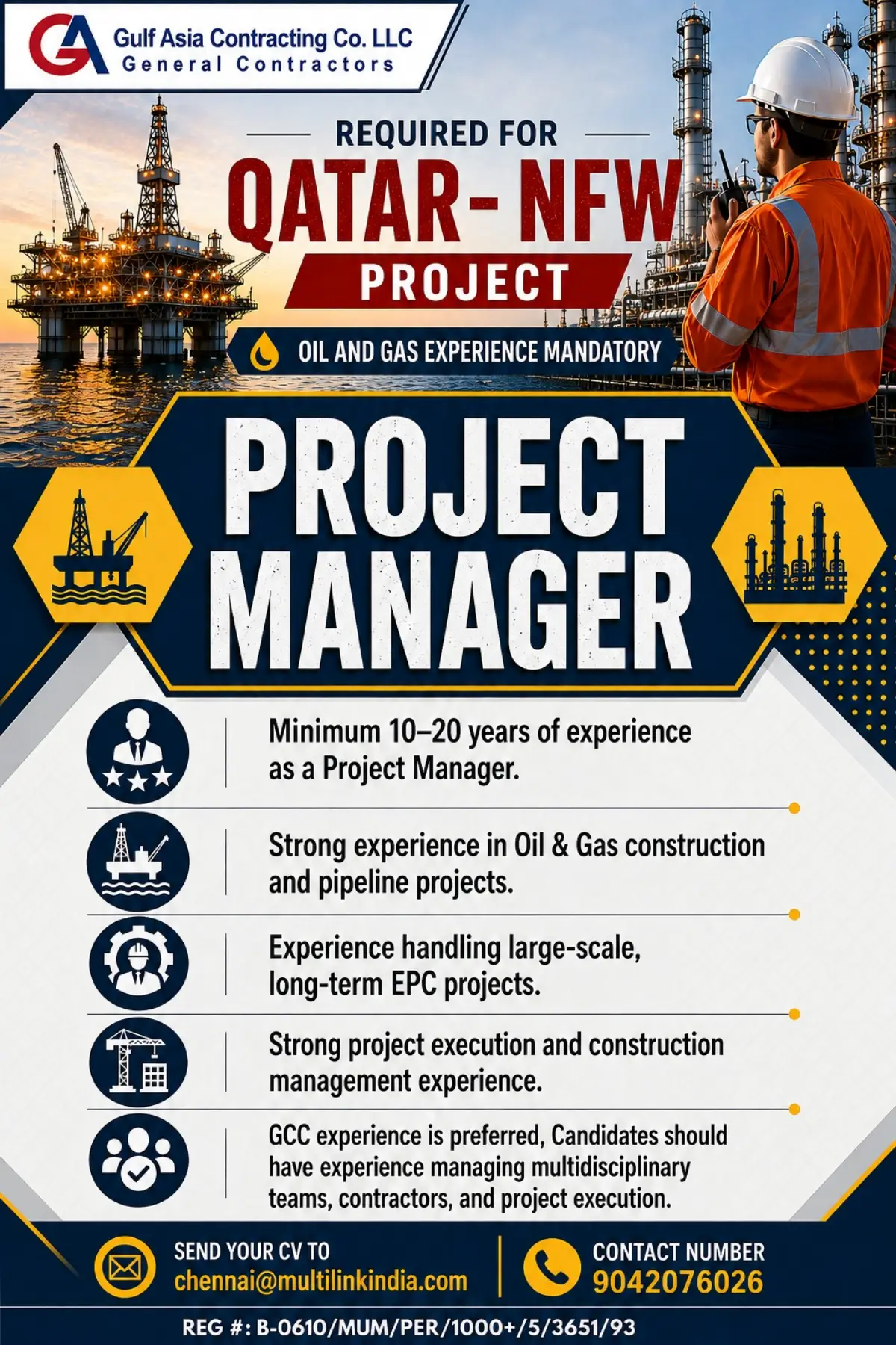 Project Manager Jobs in Qatar – NFW Oil & Gas Project | Gulf Asia Contracting Co. LLC