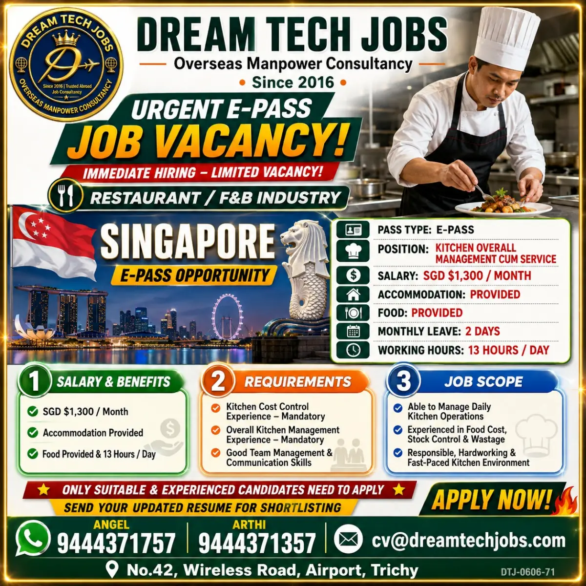 Singapore E-Pass Kitchen Management Job Vacancy 2026 – Salary SGD 1,300, Free Food & Accommodation