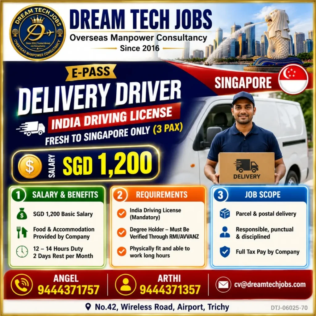 Singapore Delivery Driver Jobs 2026 – E-Pass, SGD 1,200 Salary, Requirements and Application Details