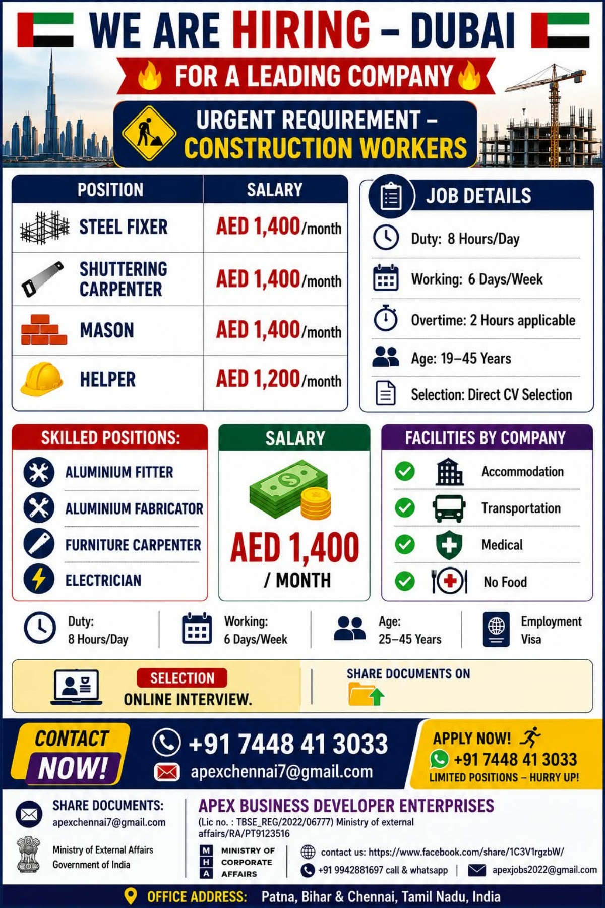Dubai Construction Jobs 2026 – Urgent Hiring for Steel Fixers, Carpenters, Masons and Helpers