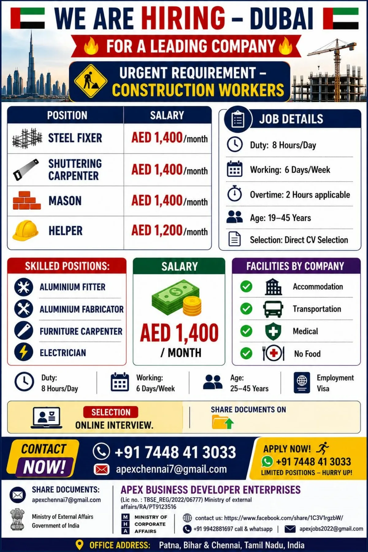Dubai Construction Jobs 2026 – Urgent Hiring for Steel Fixers, Carpenters, Masons and Helpers