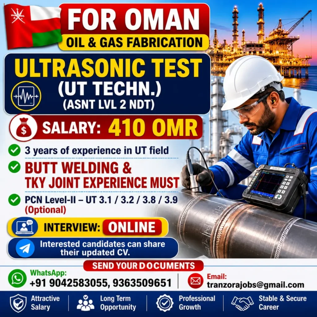 Ultrasonic Test (UT) Technician Jobs in Oman – Oil & Gas Fabrication Vacancy 2026