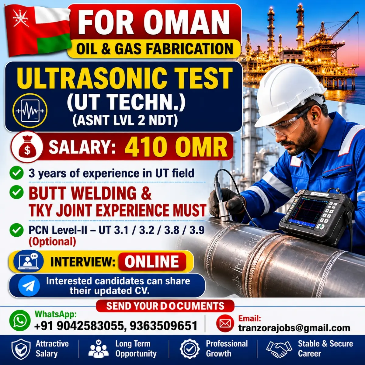 Ultrasonic Test (UT) Technician Jobs in Oman – Oil & Gas Fabrication Vacancy 2026
