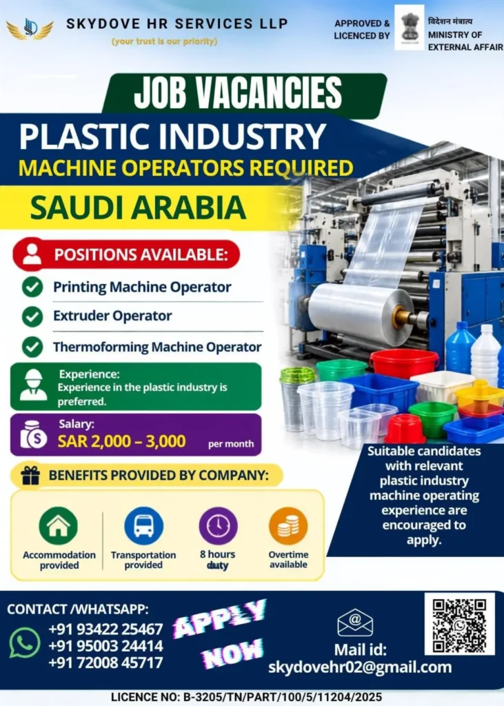 Saudi Arabia Plastic Industry Jobs 2026 – Machine Operators Required | Salary SAR 2,000–3,000