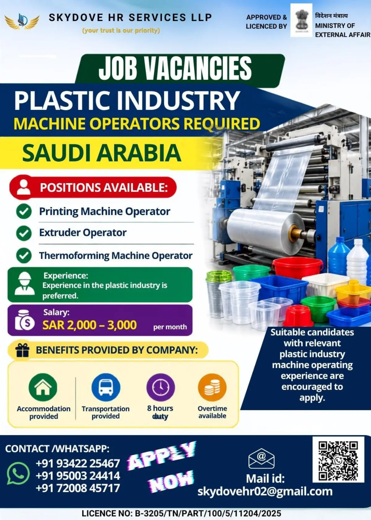 Saudi Arabia Plastic Industry Jobs 2026 – Machine Operators Required | Salary SAR 2,000–3,000