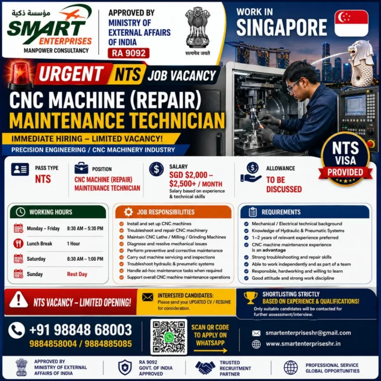 Singapore CNC Machine Repair Maintenance Technician Job Vacancy – NTS Visa, Salary SGD 2,000–2,500+