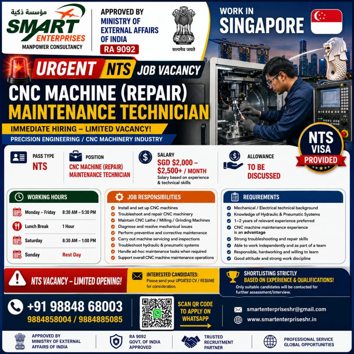 Singapore CNC Machine Repair Maintenance Technician Job Vacancy – NTS Visa, Salary SGD 2,000–2,500+