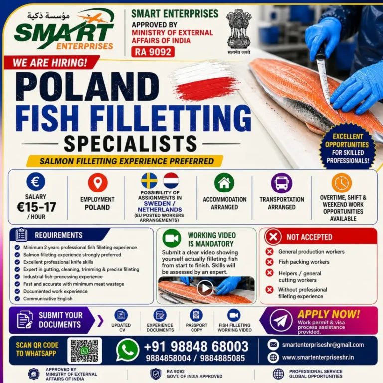 Poland Fish Filleting Jobs 2026: Salmon Fish Filleting Specialist Jobs with €15–17 Per Hour Salary