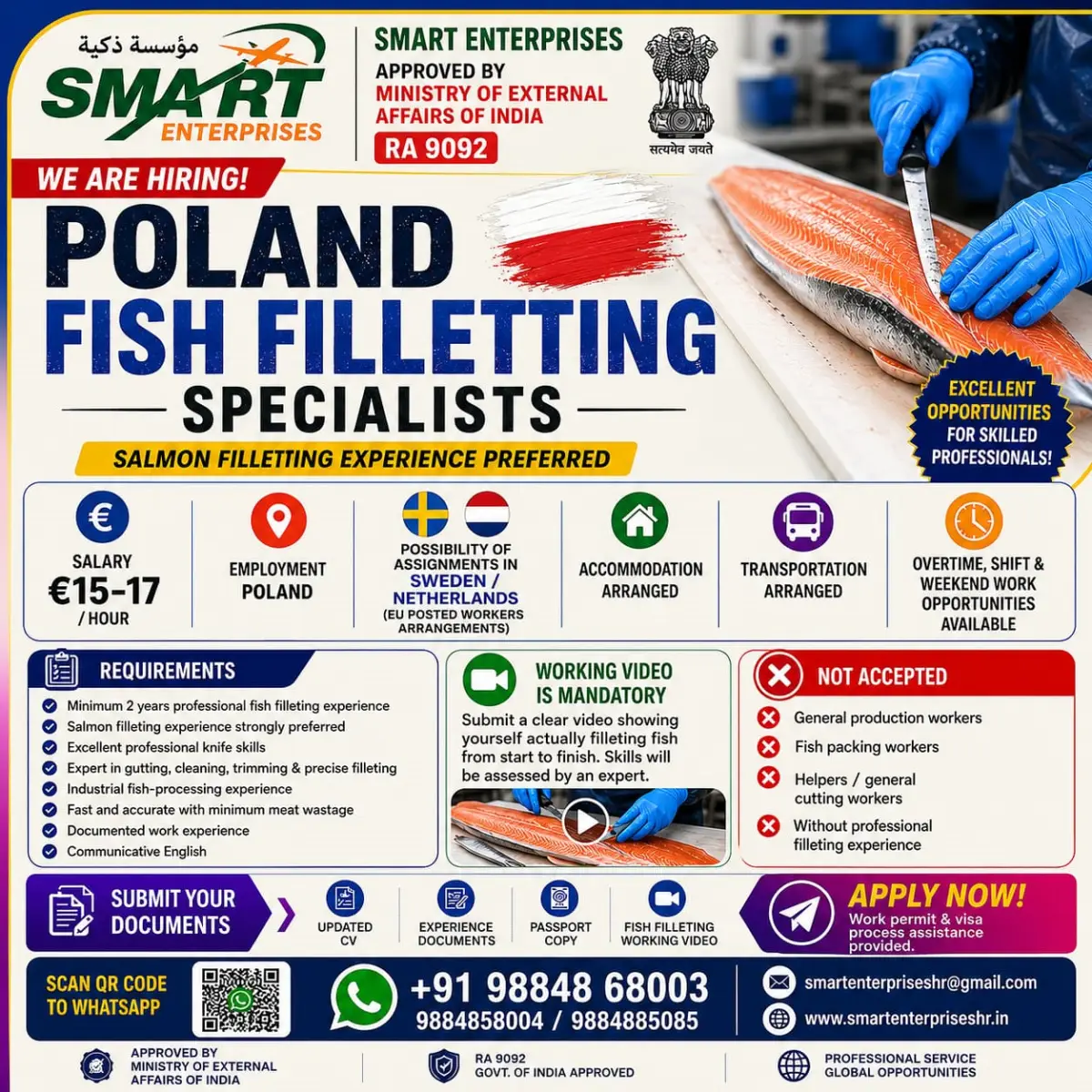 Poland Fish Filleting Jobs 2026: Salmon Fish Filleting Specialist Jobs with €15–17 Per Hour Salary