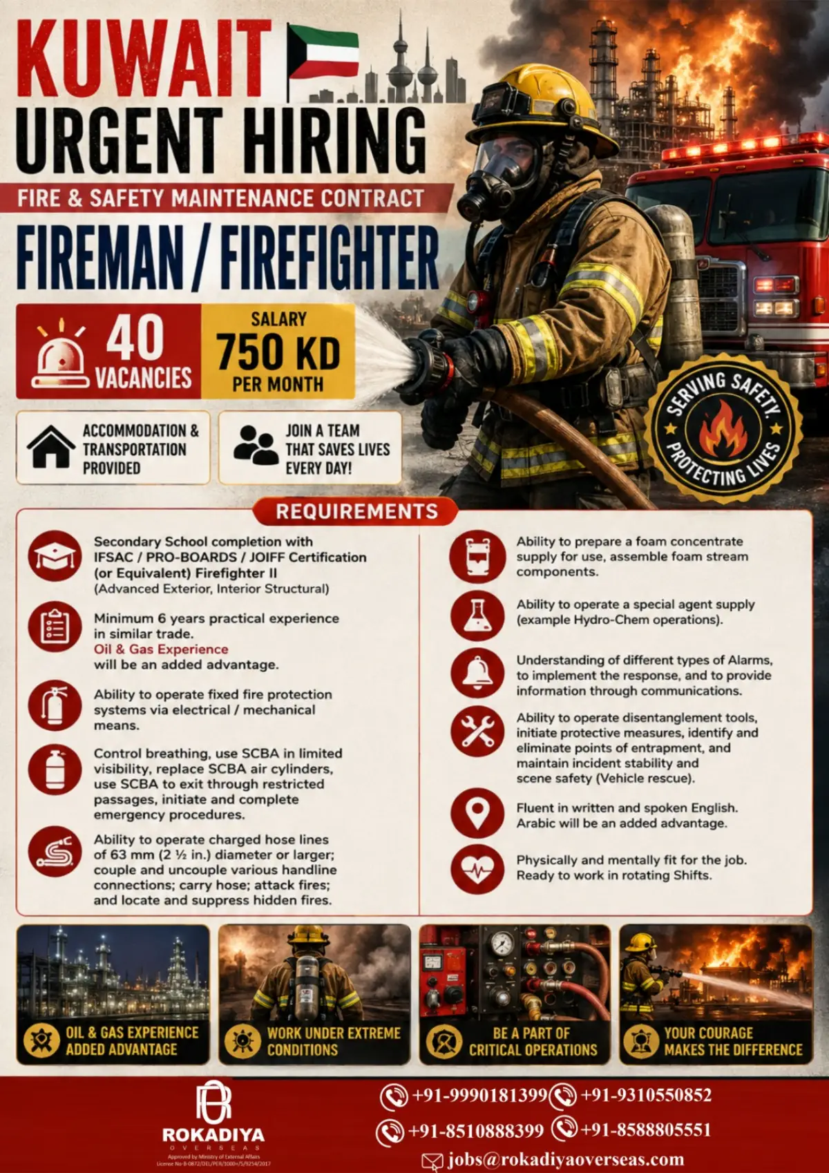 Kuwait Urgent Hiring: Fireman / Firefighter Jobs – 40 Vacancies with 750 KD Salary