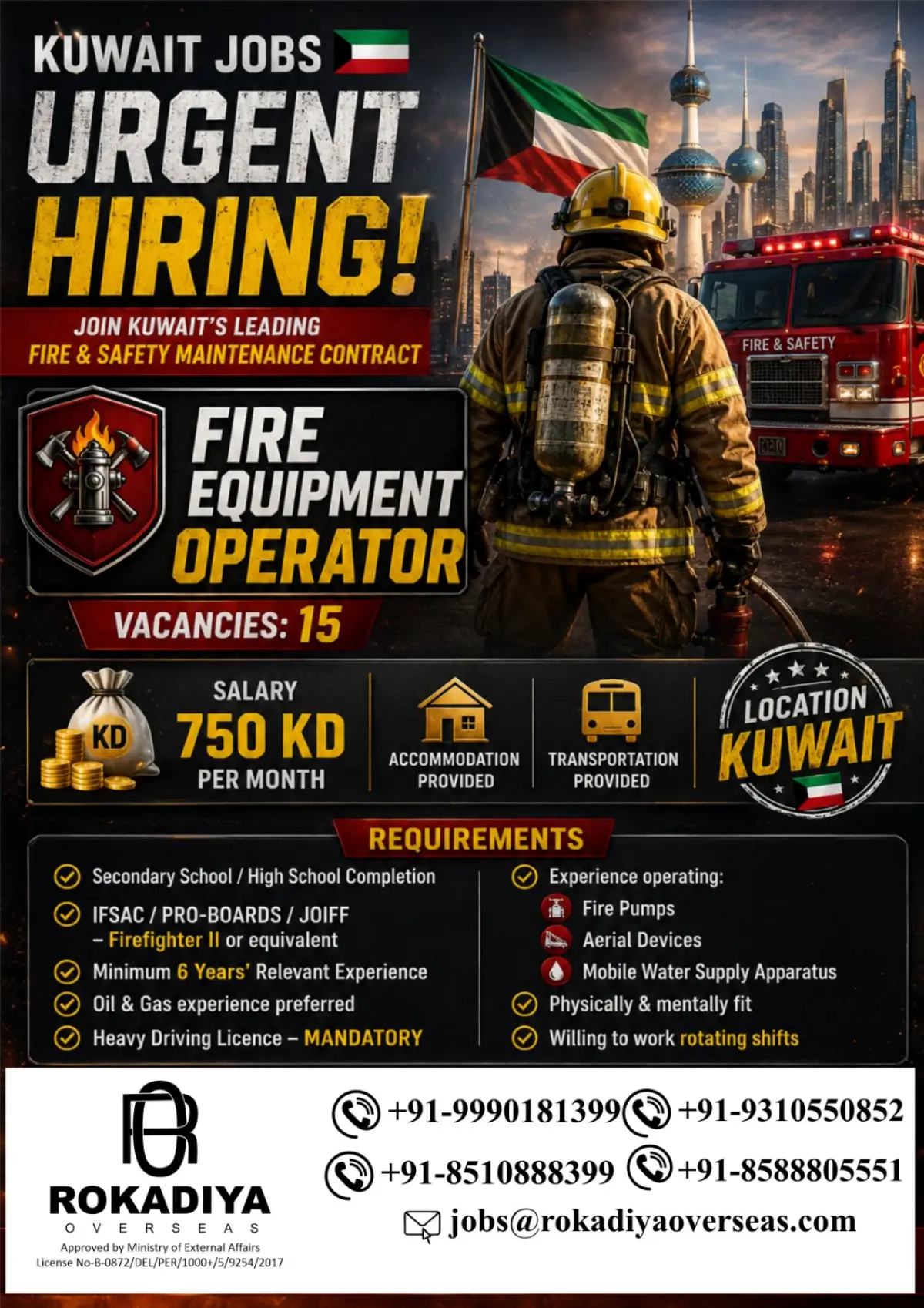 Kuwait Jobs 2026: Urgent Fire Equipment Operator Recruitment – 15 Vacancies, 750 KD Salary