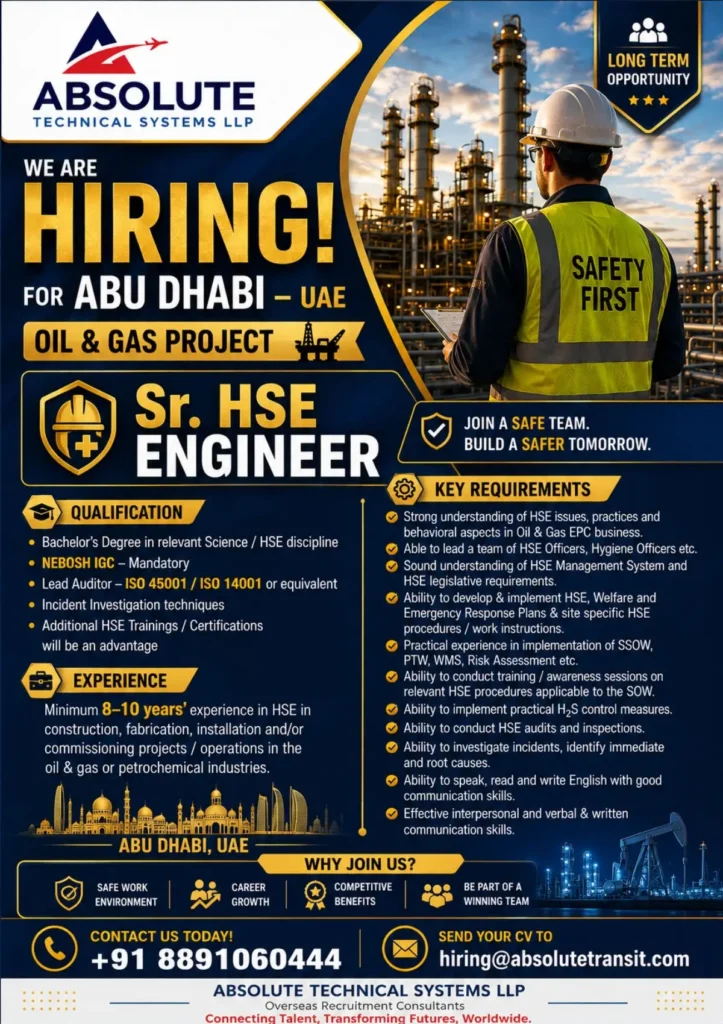 Sr. HSE Engineer Jobs in Abu Dhabi, UAE – Oil & Gas Project | Absolute Technical Systems LLP