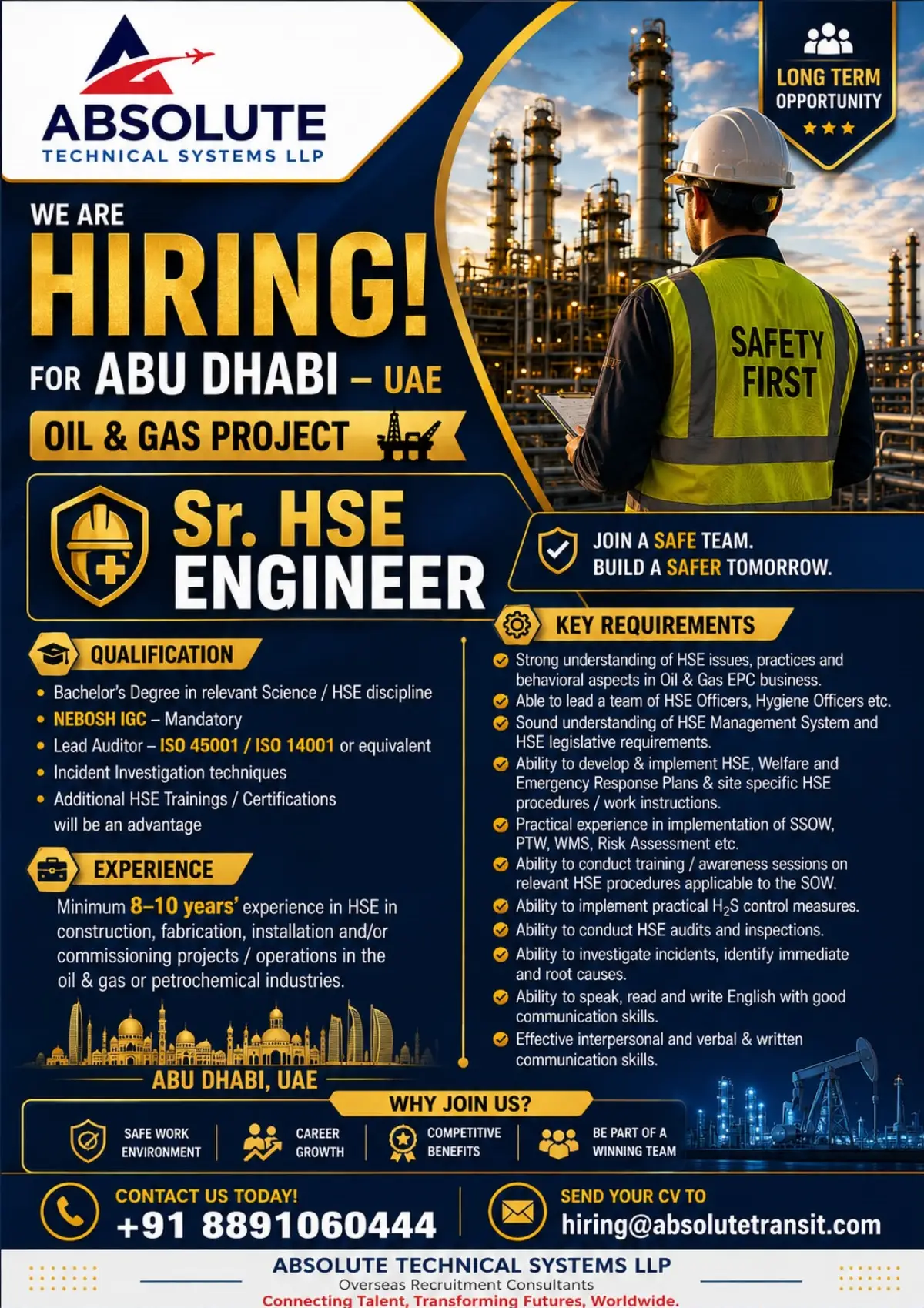 Sr. HSE Engineer Jobs in Abu Dhabi, UAE – Oil & Gas Project | Absolute Technical Systems LLP