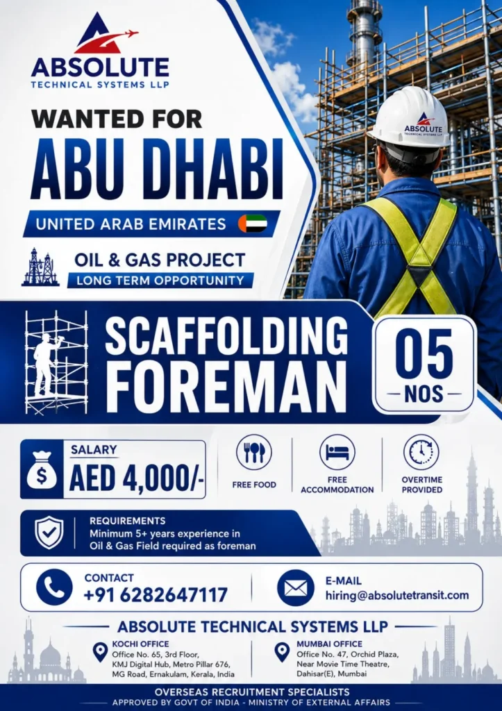 Scaffolding Foreman Jobs in Abu Dhabi, UAE – Oil & Gas Project | AED 4,000 Salary