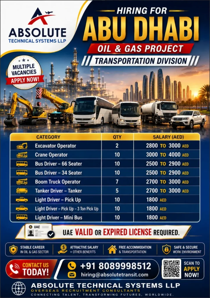 Abu Dhabi Oil & Gas Project Jobs 2026: Multiple Vacancies for Drivers, Crane Operators & Excavator Operators