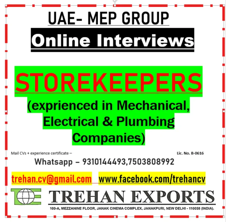 UAE MEP Group Storekeeper Jobs 2026 – Online Interviews for Experienced Candidates