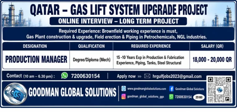 Qatar Gas Lift System Upgrade Project Jobs 2026 – Production Manager Vacancy with Salary Up to QAR 20,000
