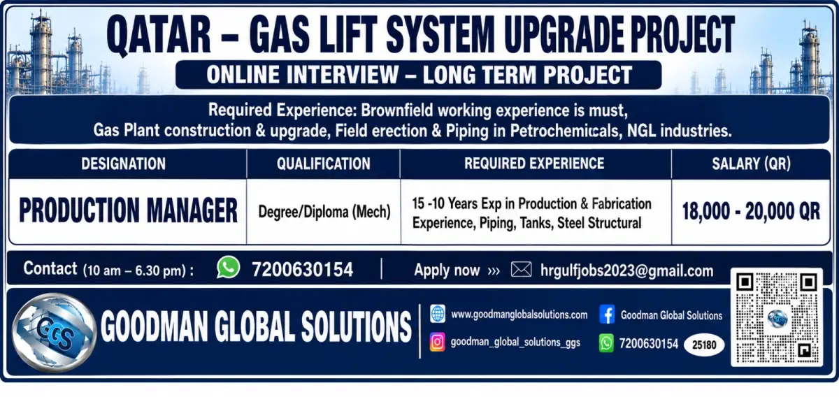Qatar Gas Lift System Upgrade Project Jobs 2026 – Production Manager Vacancy with Salary Up to QAR 20,000