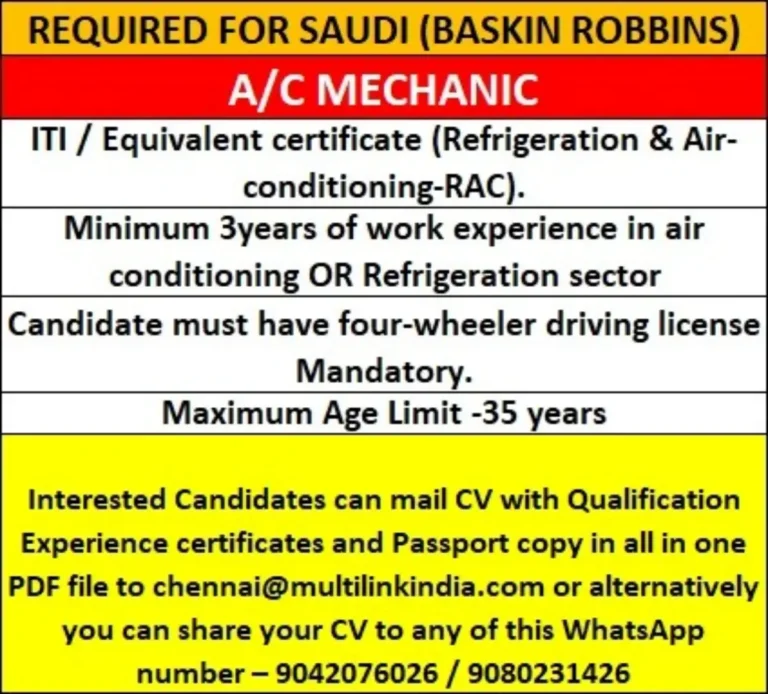 Saudi Arabia Jobs: A/C Mechanic Vacancies at Baskin Robbins