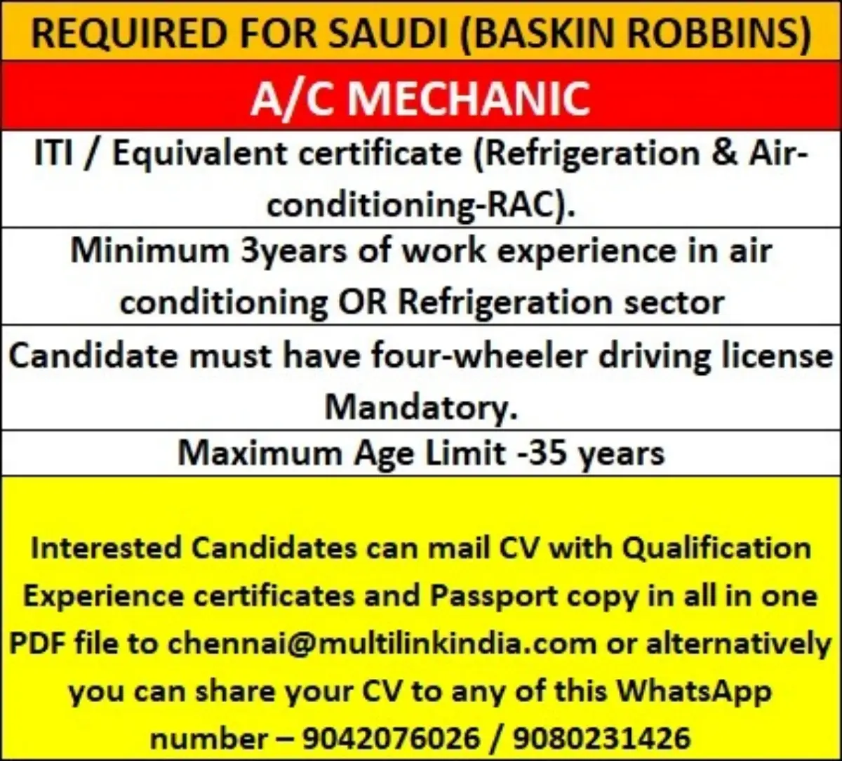 Saudi Arabia Jobs: A/C Mechanic Vacancies at Baskin Robbins
